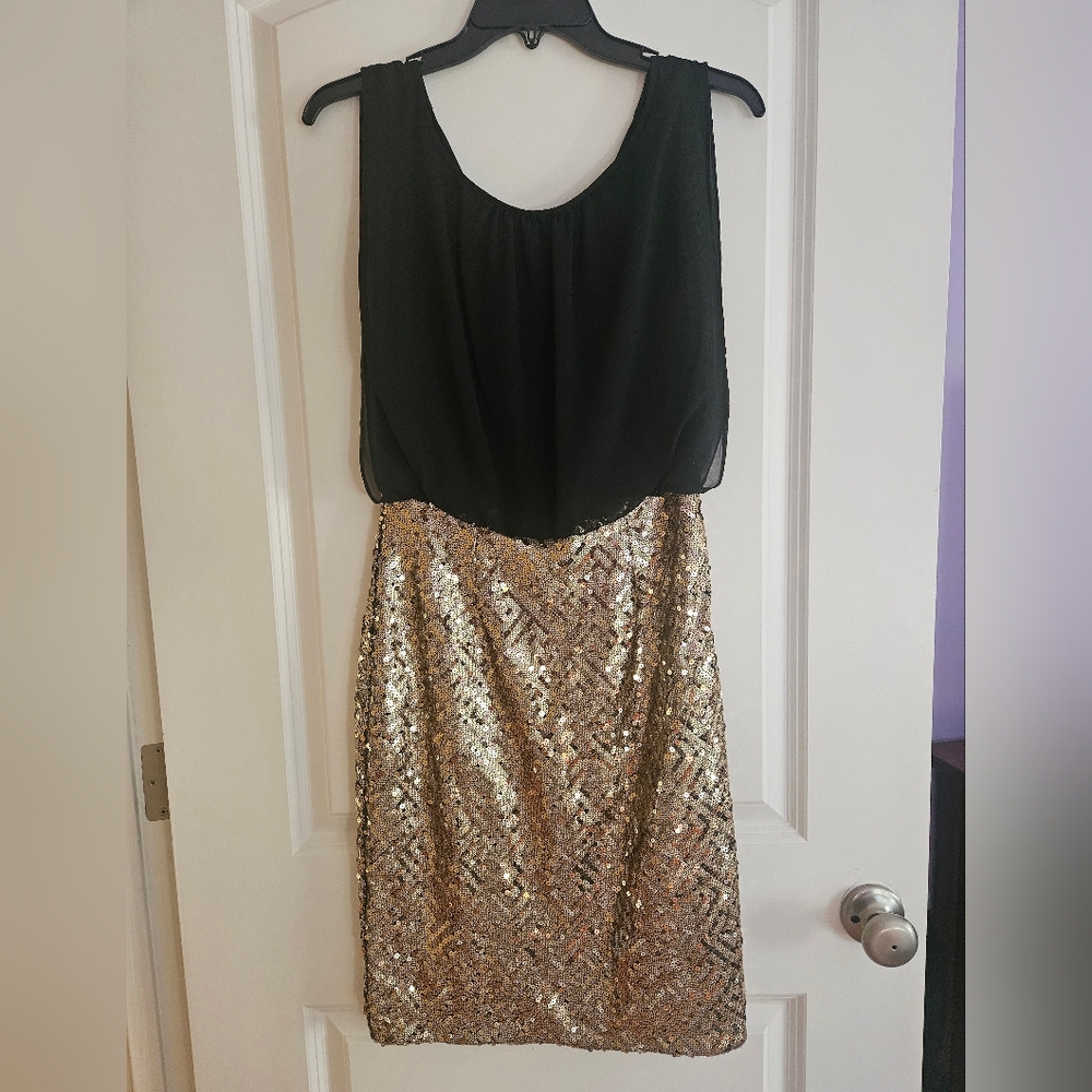 Calvin Klein Black and Gold Sequin Mini Dress Size 2